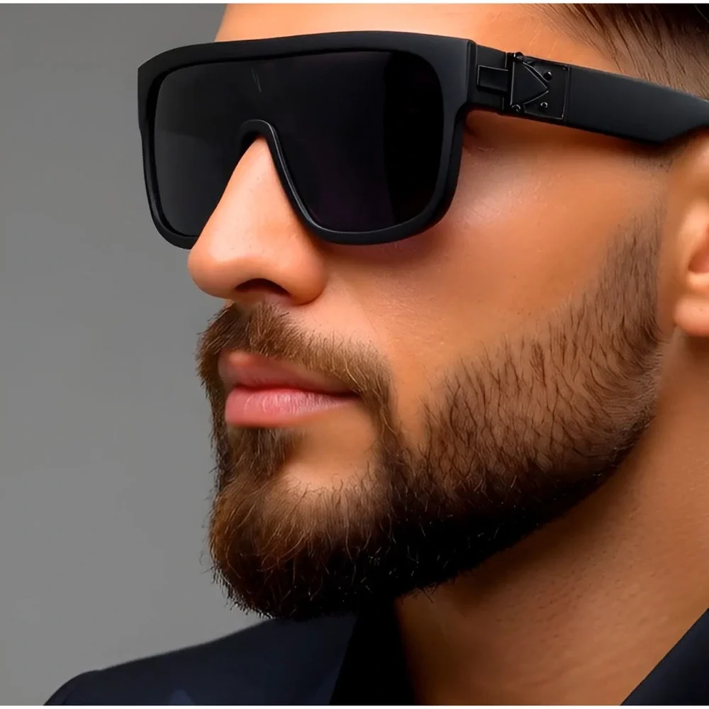 Flat Top Sunglasses Men's Fashion Oversized Square Frame‎ Dark Black Lens Luxury